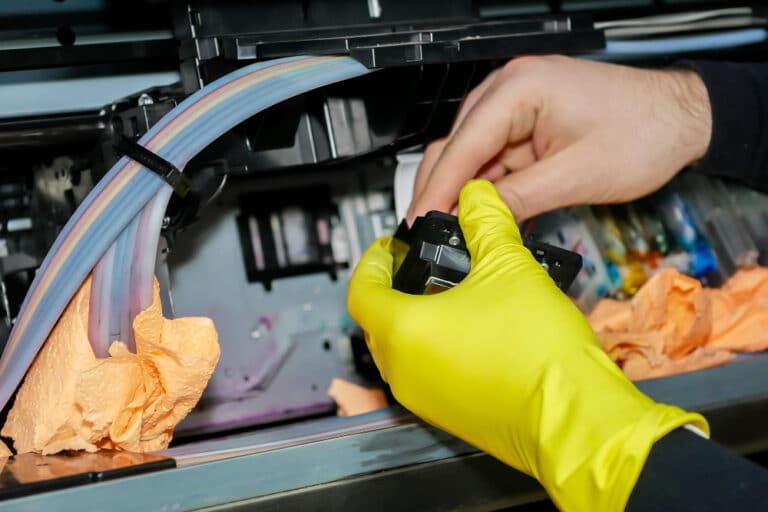 a person in yellow gloves is fixing a printer