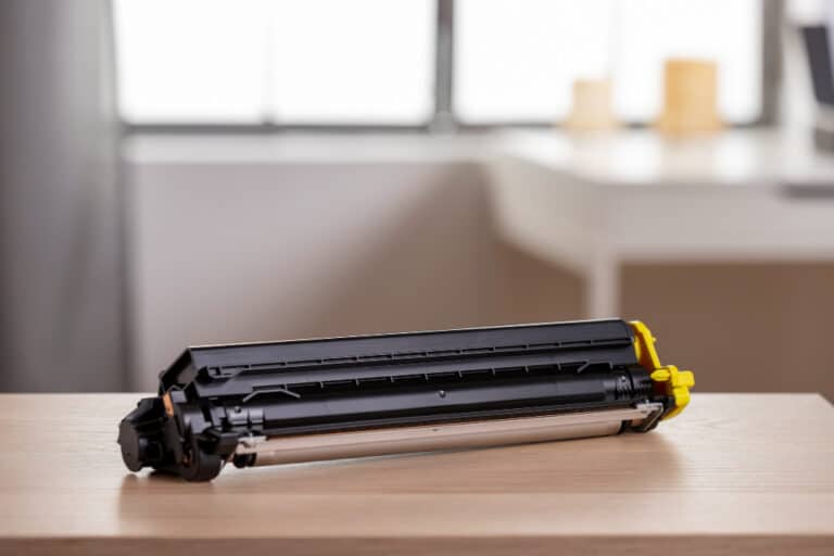 a black and yellow toner sitting on top of a wooden table